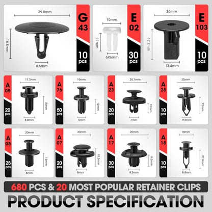 DNA Motoring 680pcs Car Push Retainer Clips, Plastic Bumper Clip Fender Clip, Door Trim Panel Clips, Bumper Fender Rivets Fasteners Push Retainer Kit for Ford, GM, Chrysler, Toyota, TOOLS-00731 - style: 680pcs