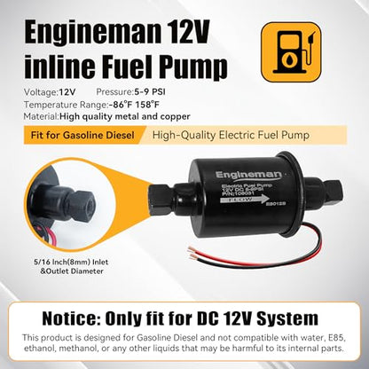 Universal Electric Fuel Pump 12V 5-9 PSI Inline External 5/16 Inch Compatiable with Gas Diesel Marine Carburetor Marine E8012S - size: E8012S 5-9 PSI