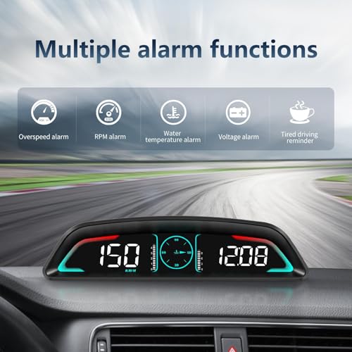 OBD2 Gauge Display,Head Up Display for Cars,Speedometer with Speed,Engine RPM,Clock,Overspeed Alarm,Water Temperature Alarm,Fatigue Driving Reminder,Fits Most Post-2008 Models