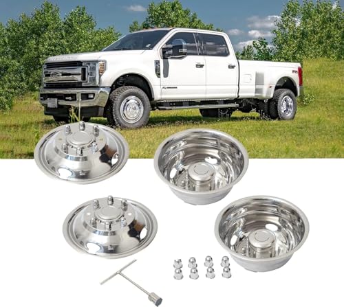 17'' Stainless Steel Dual Wheel Simulators Rim Covers Compatible with 2005-2025 Ford F350 8 Lug Bolt On Design 4pcs Set with Installation Tool Kit for Dually Truck Wheels