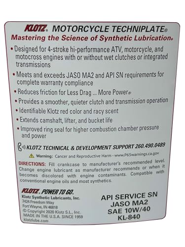 Klotz Motorcycle TechniPlate with Integrated Transmission, Hi-Performance Synthetic Motor Oil Lubricant for 4-Stroke Engines | 10W-40 – KL-840 – 1 Quart - size: 10W-40