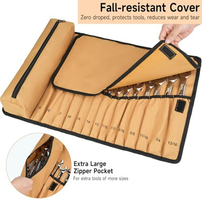 23+1 Pockets Wrench Roll Organizer,Metric/SAE Wrench Roll Up Pouch,No Tools - color: Brown