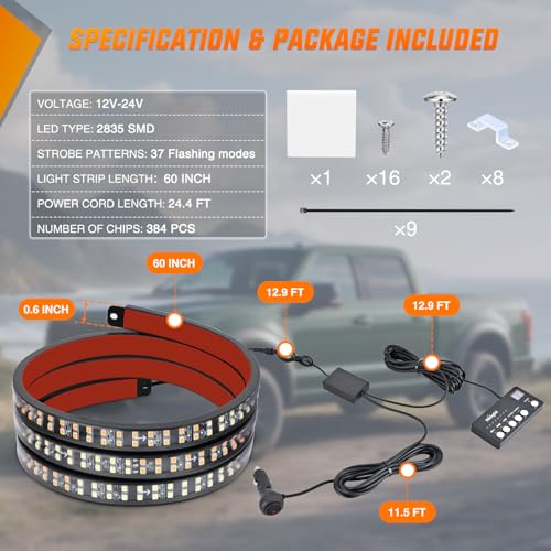 Nilight 60 Inch Emergency Strobe Light Strips with Controller Amber White - color: 60" Tailgate Strobe w/ Controller Amber/White