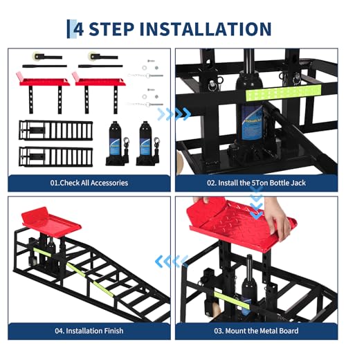 2PCS 5T Hydraulic Car Ramps, 11060 Lbs Heavy Duty Portable Vehicle Lift Ramps, Auto Hydraulic Service Ramps for Oil Change Vehicle Maintenance, Ideal for Home Garage Repair & Mens Gift - color: Red With Rolling Wheels