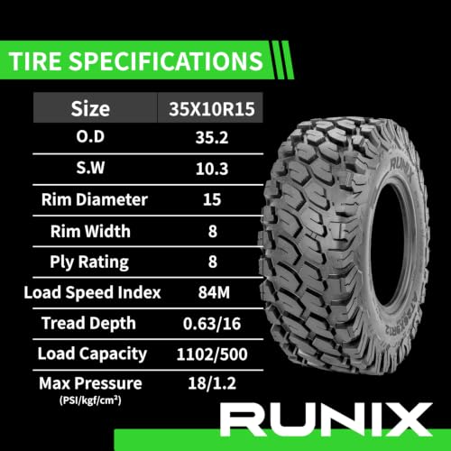 RUNIX UTV SxS Radial Tires, RUNIX TerraVance, 35X10R15, 35X10-15, 8PR, Radial Tire, Set of 4, All Terrain, Tubeless - size: 35X10R15