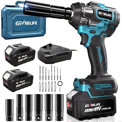 GEVEELIFE Impact Wrench 480Ft-lbs(650N.m) Brushless, 1/2 Impact Gun with 2x4.0Ah Battery, Cordless Impact Wrench, 6 Sockets, 8 Drill Bits, 3300RPM Power Electric Impact Driver for Car/DIY Furniture