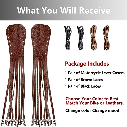 2 PCS Faux Leather Motorcycle Lever Covers With Fringes and Skulls - Brake Clutch Grip Tassels Handlebar Handle Wraps - color: Brown & Black Laces*1 & Brown Laces*1