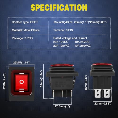 Nilight 2 Pack 6Pin DPDT On Off On Rocker Switch Latching Red LED Toggle - color: On Off On 2 PCS