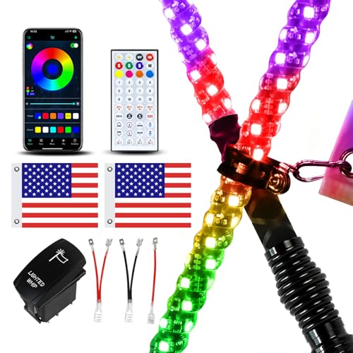 2 Pack 3FT Whip Lights with Spring Base, LED Whip Light with App & Remote Control, Spiral RGB Chasing Lighted Whips with Rocker Switch, Music Whip Light for UTV ATV - size: 3FT (2 Pack)
