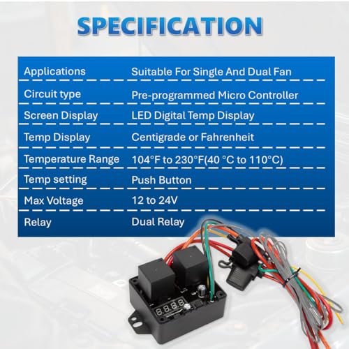12V/24V Digital Electric Radiator Fan Controller Switch Kit with Adjustable Temperature Range (104-230°F), LED Real-Time Display, Thermatic Dual Fan Relay Kit for Automotive Systems (Part #0444)