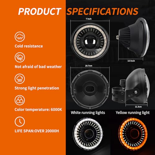 7inch Flowing White/Amber DRL Motorcycle Start-up Headlight with Aluminum Alloy Housing Bucket 32-40mm Lamp Shell Fork Tube Bracket - color: Amber w/ Housing