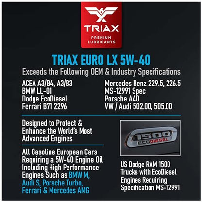 TRIAX Euro LX 5W-40 Full Syn Engine Oil - Compatible with BMW LL01, MB 229.5, 226.5, Audi/VW 502.00, 505.00, MS-12991, Porsche A40 (6 Quart Pack) - size: 6 Quart Pack
