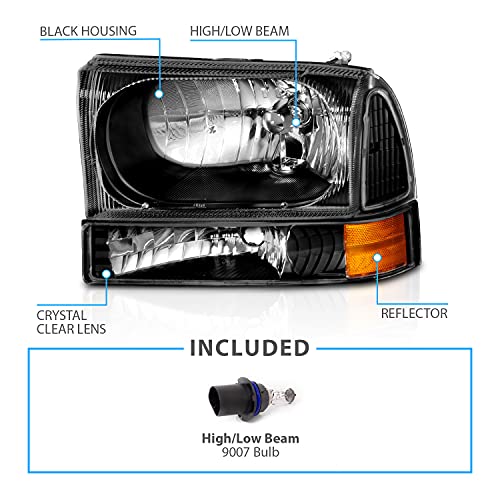AmeriLite OE Black Replacement Headlights 4pcs Set w/Socket Bulb for 1999-04 Ford Excursion/Super Duty F250 F350 F450 F550 Truck - Passenger and Driver Side - color: Black