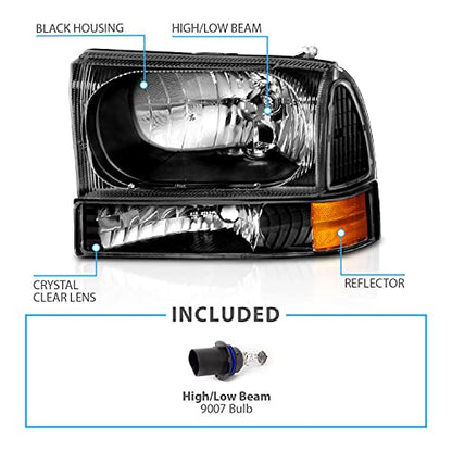 AmeriLite OE Black Replacement Headlights 4pcs Set w/Socket Bulb for 1999-04 Ford Excursion/Super Duty F250 F350 F450 F550 Truck - Passenger and Driver Side - color: Black
