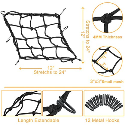 2-Pack Bungee Net Motorcycle Cargo Net, 12" x 12" with 6 Adjustable Hooks