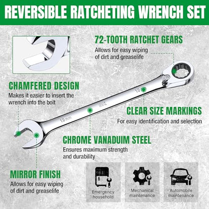 SK Reversible Ratcheting Wrench Set, Combination Wrenches, Metric 16-Piece - size: Metirc, 16-Piece