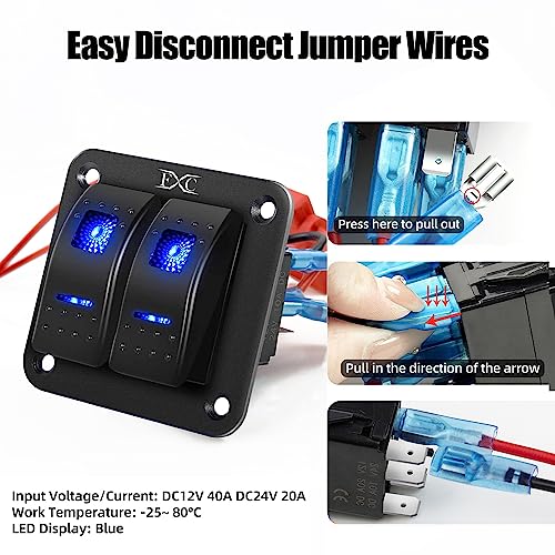 FXC Pre-Wired 2 Gang Rocker Switch Aluminum Panel with 40A Inline Fuse, Waterproof 6-Pin On-Off Car Boat Switch, Blue LED Switch Panel for Marine Boat Automotive RV Truck ATV Vehicles 12V/24V - style: 2 Gang
