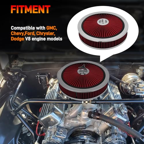 14"x3" High Flow Round Air Cleaner Filter Assembly Kit for V8 Carburetor - color: Chrome/Red