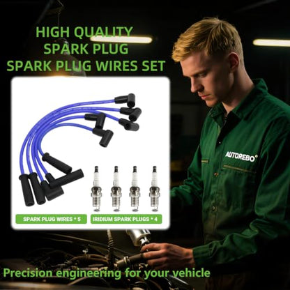Set of 5 PCS Ignition Spark Plug Wires 671-4070 53186 & 4 Iridium Spark Plugs Compatible with Jeep Wrangler TJ 1997-2002 Dodge Dakota 1999-2002 2.5L L4, 5017058AA RC-CRX023 27497 16804D 700443 9242025 - size: 4070