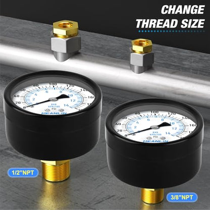 MEANLIN MEASURE 0-200Psi 2" DIAL FACE 1/4" NPT Well Pump Pressure Gauge, with 1/2" NPT and 3/8" NPT Hex Bushing, 3-2-3% Accuracy, Center Back Mount - color: 1/4"NPT Back Mount, size: 0-200Psi