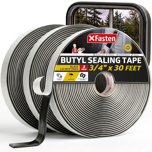 XFasten Butyl Putty Tape, Black, 1/8" x 3/4" x 30' (3-Pack) EDPM Butyl Rubber Sealant, Stretchable Camper Butyl Tape, Pool, Headlight and RV Sealant - size: 1/8" x 3/4" x 30', 3-Pack