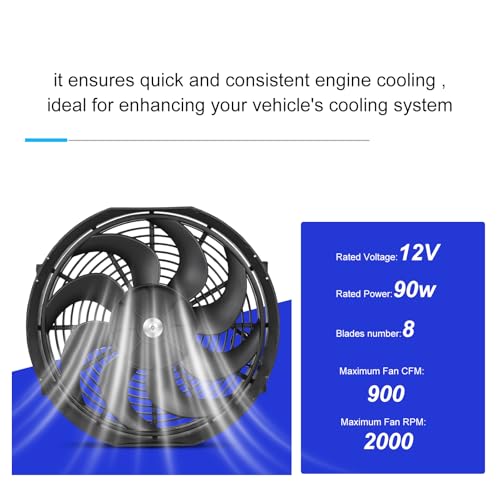 Universal 14-Inch Slim Electric Radiator Cooling Fan Kit – 12V 90W Push/Pull with Thermostat, Relay, Wiring Harness & Mounting Kit, Universal Fit – Black - size: 14 inch