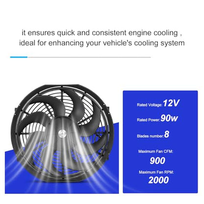 Universal 14 Inch Black Slim Radiator Cooling Fan 12V 90W Push Pull with Mount Kit – Fits Radiators for Vehicles, Cars, Trucks - size: 14 inch