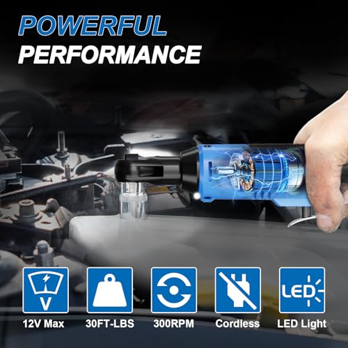 AZZUNO 3/8" Electric Ratchet Wrench Set 30 Ft-lbs Cordless Ratchet Wrench 300 RPM Power Ratchet Tool Kit with 2 x 2000mAh Lithium-Ion Battery, Fast Charger, 7 Sockets and 3" Extension Bar - color: Blue
