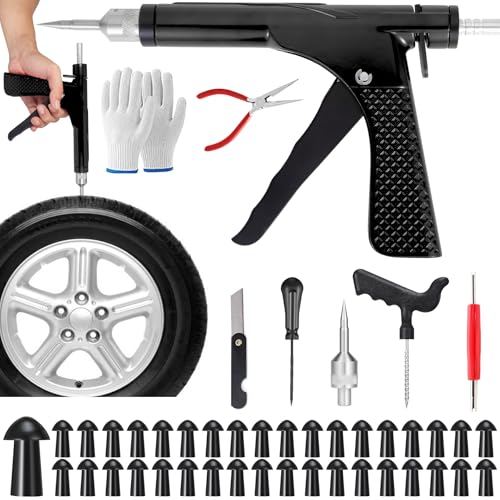Tubeless Tire Gun Puncture Repair Kit with 36 Mushroom Plugs, for Tire Punctures and Flats on Cars, ATV, Trucks, Motorcycles & Tractors,Quick Repair, Airtight Seal（Black） - size: Gun Kit+ 36 Plugs