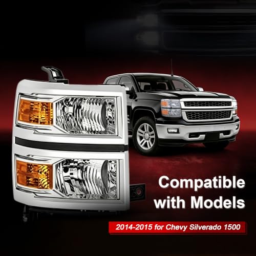 Headlight Assembly for 2014 2015 Chevy Silverado 1500 Headlights - color: Chrome Housing+ Amber Reflector