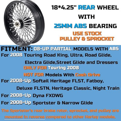 18"x4.25" Rear Wheel Fat Spokes for 08-up ABS Harley Dyna Softail Sportster - style: 18"x4.25", Black+Chrome+Black