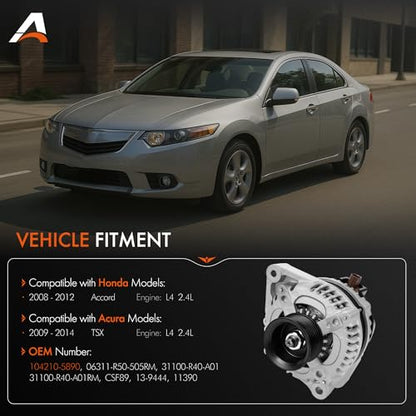 Alternator for 2009-2014 Acura TSX 2.4L & 2008-2012 Honda Accord 2.4L - size: 104210-5890