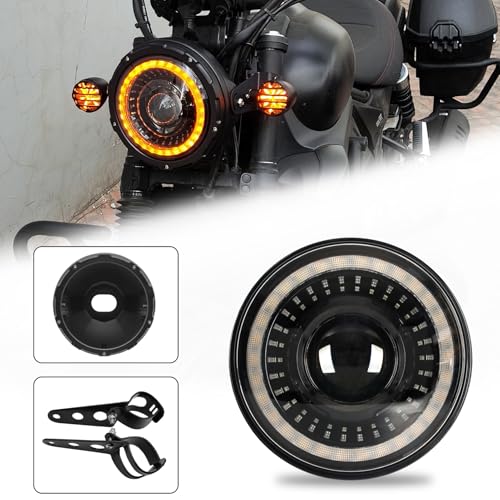 7inch Flowing White/Amber DRL Motorcycle Start-up Headlight with Aluminum Alloy Housing Bucket 32-40mm Lamp Shell Fork Tube Bracket - color: Amber w/ Housing