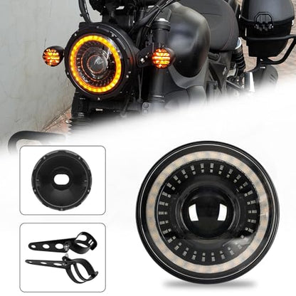 7inch Flowing White/Amber DRL Motorcycle Start-up Headlight with Aluminum Alloy Housing Bucket 32-40mm Lamp Shell Fork Tube Bracket - color: Amber w/ Housing