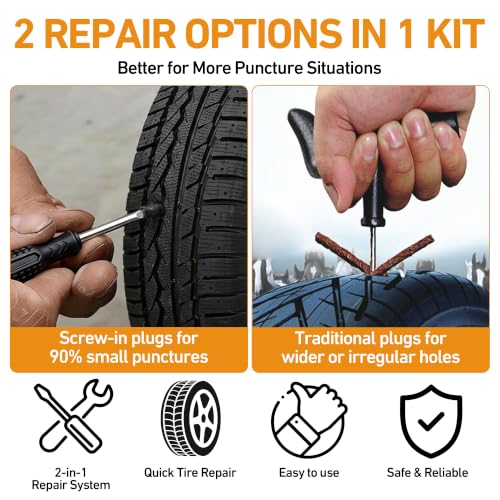 2-in-1 Tire Repair Kit with Screw in Tire Plugs & Tire Repair String - size: 2-IN-1 PLUGS & SEALANT