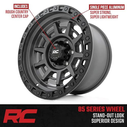 Rough Country 85 Series 17x9 Wheel - 5x5.5" Bolt Pattern, 0mm Offset, Gunmetal Gray with Black Simulated Beadlock, One-Piece Aluminum Off-Road Wheel