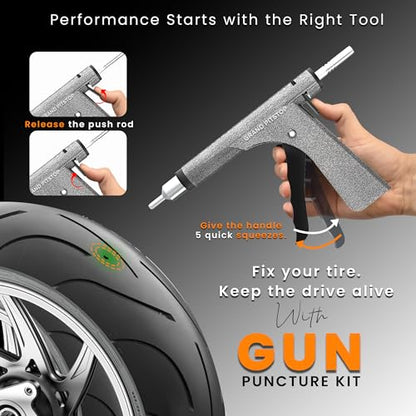 GRAND PITSTOP Tubeless Tire Gun Puncture Repair Kit with Mushroom Plug for Tyre Punctures and Flats on Cars, Motorcycles, ATV, Trucks & Tractors (Gun Kit 15 Plugs Antic Silver) - color: 15 Plugs AS