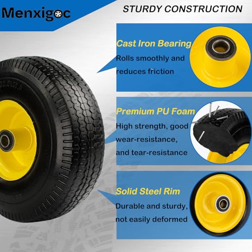 4.10/3.50-4" Tire and Wheel, 10" Solid Tire, 5/8" Bearing with 3/4" & 1/2" Extra Bearings, 4.10/3.50-4 Flat Free Wheels, 2.2" Offset Hub for Hand Truck Garden Wagon Cart Trolley Dolly - 2Pack - color: yellow