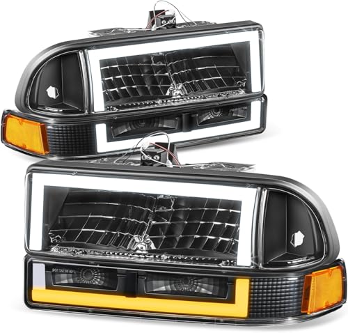 Auto Dynasty LED DRL Headlights Assembly Compatible with 1998-2004 Chevy Blazer S10, 4Pcs Headlamps Replacement w/Bumper Lamps, Box-Style LED Switchback DRL, Black Housing Amber Corner - color: Black / Amber, size: Box-Style LED DRL