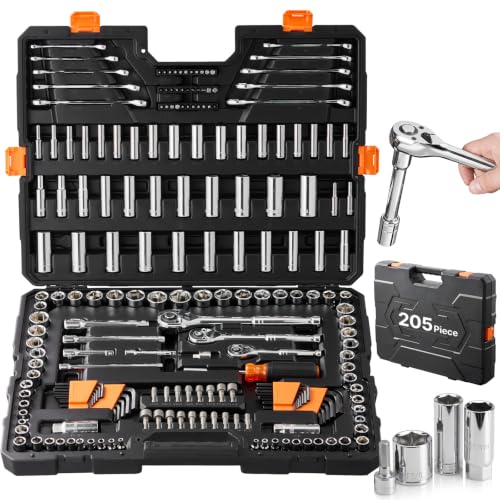 VEVOR Mechanics Tool Set, 205 Pcs SAE and Metric Sockets, 1/4" 3/8" 1/2" Drive Deep and Standard Sockets, Chrome Vanadium Steel, Polyethylene - size: 205-PCS