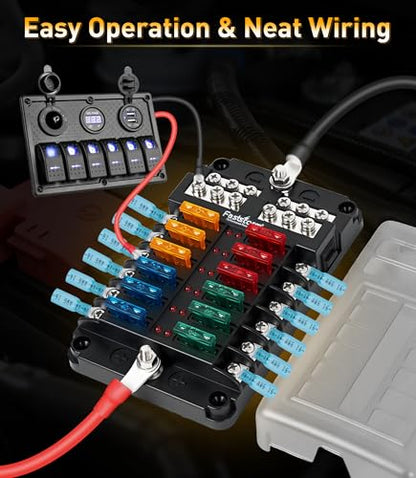 12 Way Fuse Block, Fuse Blocks 12 Volt Automotive with LED Indicator Water Resistant Marine Fuse Panel, Fuse Box 12V with 36 Blade Fuses for 12V/24V Auto Boat RV Golf Cart Truck Car Marine - color: 12 Way Fuse Block