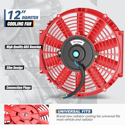 Auto Dynasty 12" Universal 12V Electric Radiator Cooling Fan Kit, Red - color: Red, size: 12 Inch Diameter