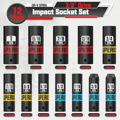 12 Piece 3/8" Drive Impact Socket Set, 5/16"- 1" Deep Socket, SAE, 6 Point, CR-V, Automotive Motorcycle and Bicycle Maintenance, Machinery Manufacturing - size: 3/8" Deep SAE