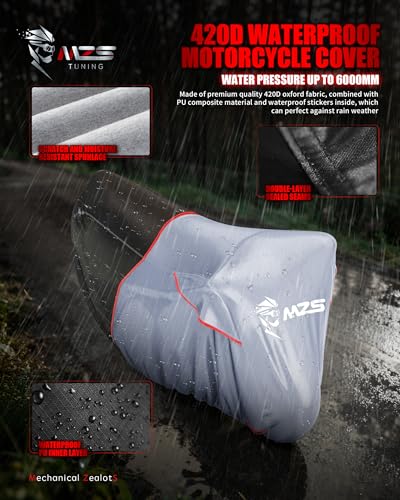 MZS Motorcycle Cover Waterproof Outdoor, Heavy Duty All Season Weather Sun Protection with Storage Bag Vents Night Reflective Cotton Lining Lock Holes fits up to 86" Motorbikes Vehicle Covers - size: Large 86 inches