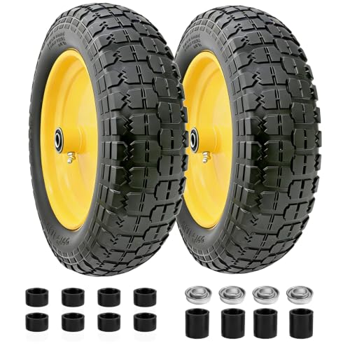 4.80/4.00-8 Flat Free Tire and Wheel, 14.5" Solid Wheelbarrow Tire with 3"-7" Adjustable Centered Hub, 5/8" & 3/4" Bearings, Universal Replacement for Garden Cart, Hand Truck, Dolly (2 Pack) - color: 2 PACK, size: 14.5"-4.80/4.00-8"
