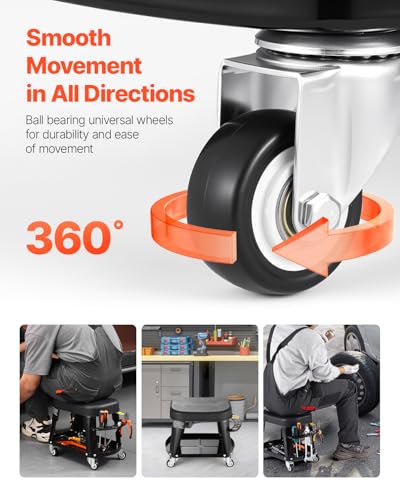 VEVOR Mechanic Stool, 300 lbs Capacity, Black, Industrial Style, Plastic Seat, Wheels, 360 Swivel, Tool Tray, Screwdriver Rack