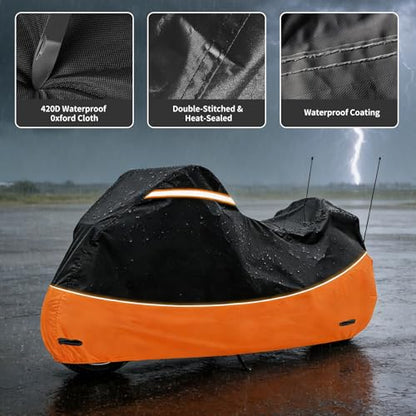 Motorcycle Cover Heavy Duty 420D Oxford Waterproof,Touring Motorcycle Cover Compatible with Harley Davidson Road King,Street Glide, Road Glide, Ultra Limited, CVO,Fits Motorcycles Up to 110" - size: 110"-Side+Top Box