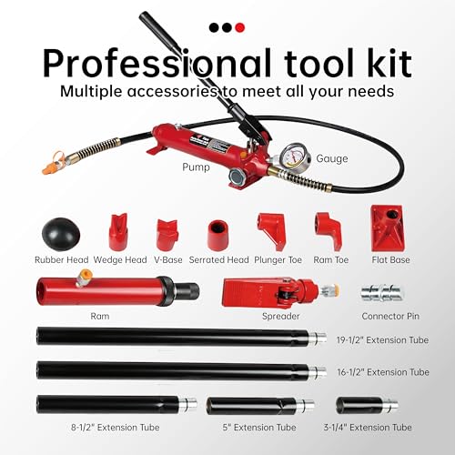 Maxority 4 Ton (8800 lbs Capacity) Porta Power Jack Hydraulic Ram Auto Body Frame Collision Repair Kit Set, 18-Pcs, with Blow Mold Carrying Case and Gauge - size: 4 Ton with gauge