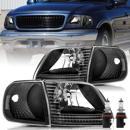 Aosky Halogen Headlights Assembly for 1997-03 Ford F150 Expedition - color: Black / Clear, style: w/ Bulbs