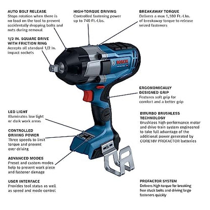 BOSCH GDS18V-740CN PROFACTOR™ 18V Connected-Ready 1/2 In. Impact Wrench with Friction Ring (Bare Tool) - style: Tool Only w/ Bluetooth Connectivity